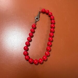 Vintage Signed Oops A Daisy Red Enamel Coated Metal Bead Bracelet 7 3/4"